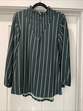 Lularoe Clara- Striped High-Neck Long Sleeve Blouse - Dark Green